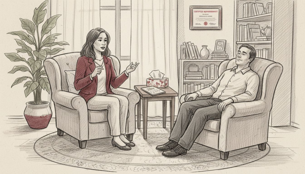Hypnotherapist and client in cozy office session