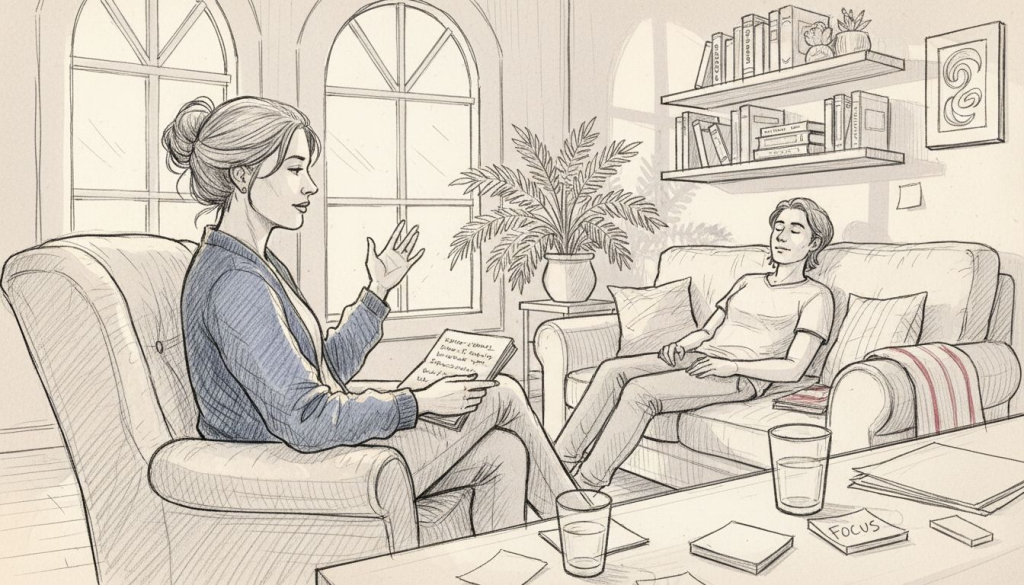 Hypnotherapist guiding client in office session