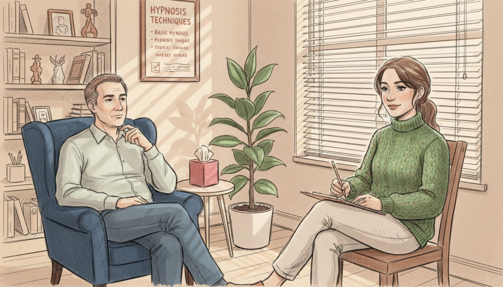 Hypnotherapy practitioner consults with client in office