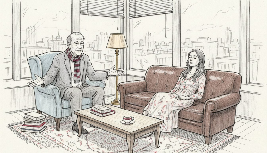 Hypnotherapist gently gesturing to client in session