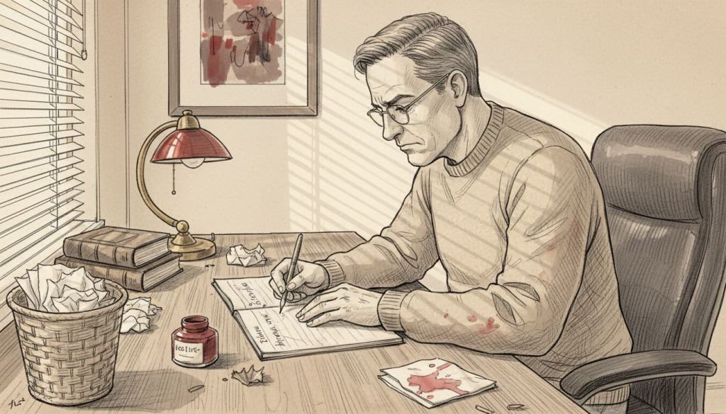 Hypnotherapist handwriting script at cluttered desk