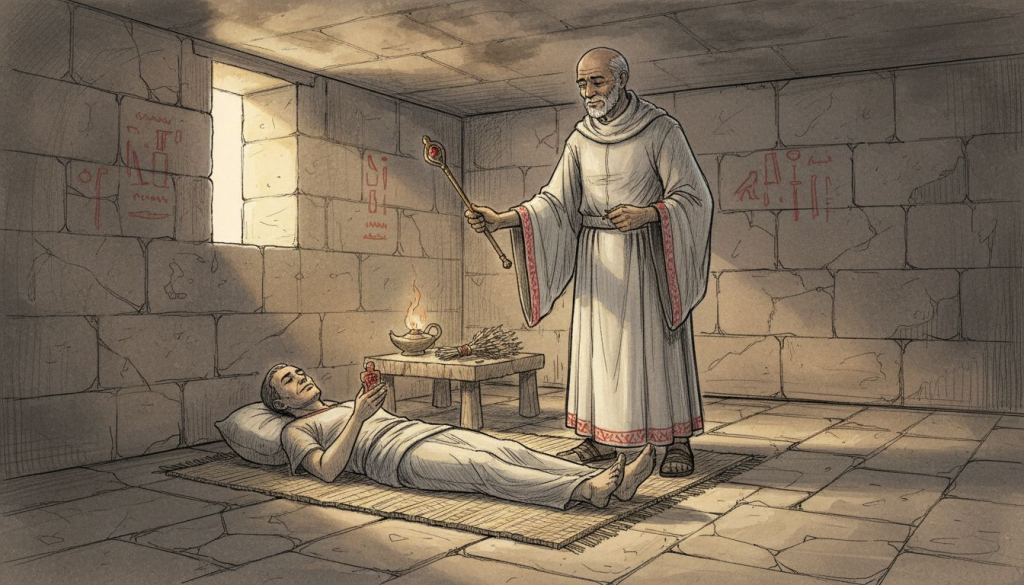 Ancient Egyptian priest performing hypnosis ritual