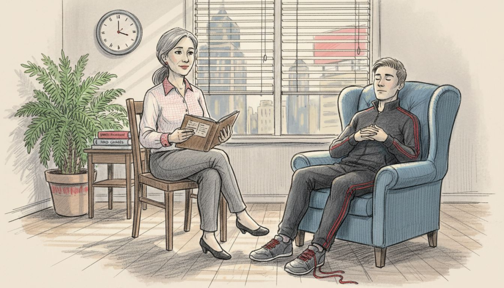 Hypnotherapist guiding athlete in consultation room