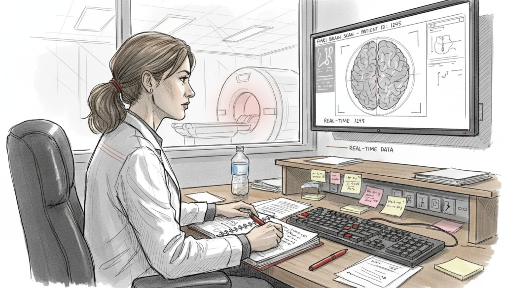 Neuroscientist monitoring hypnosis brain scan in lab