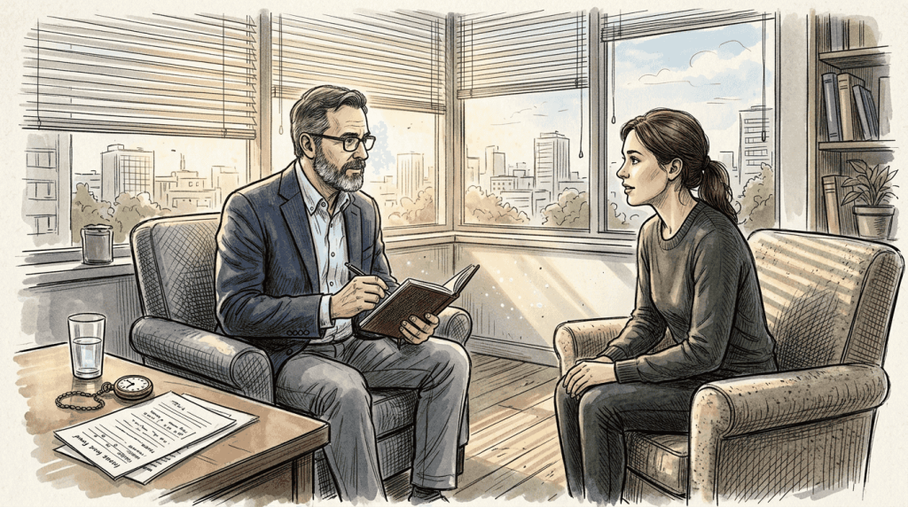 Hypnotherapist conducts session in corner office