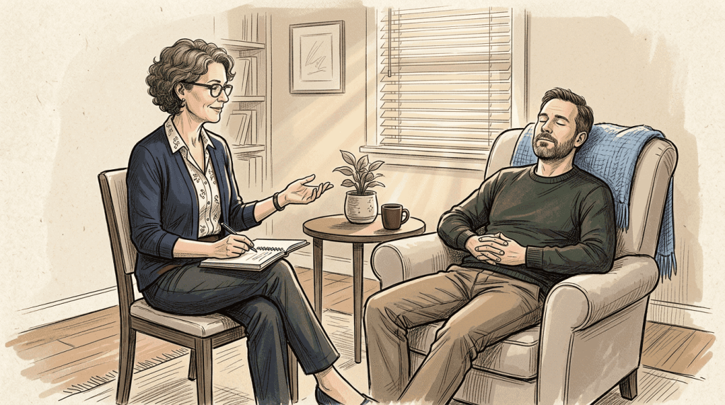 Hypnotherapist guiding client through visualization exercise