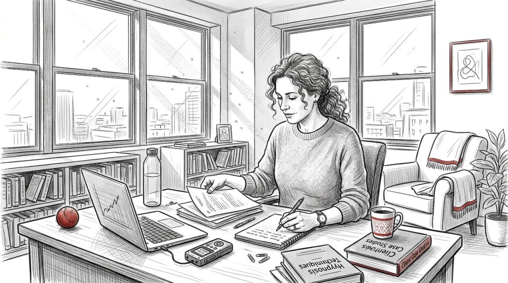 Hypnotherapist organizing materials in corner office