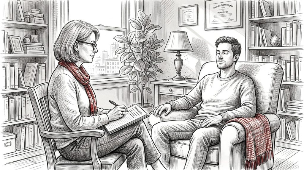 Hypnotherapist and client in home office